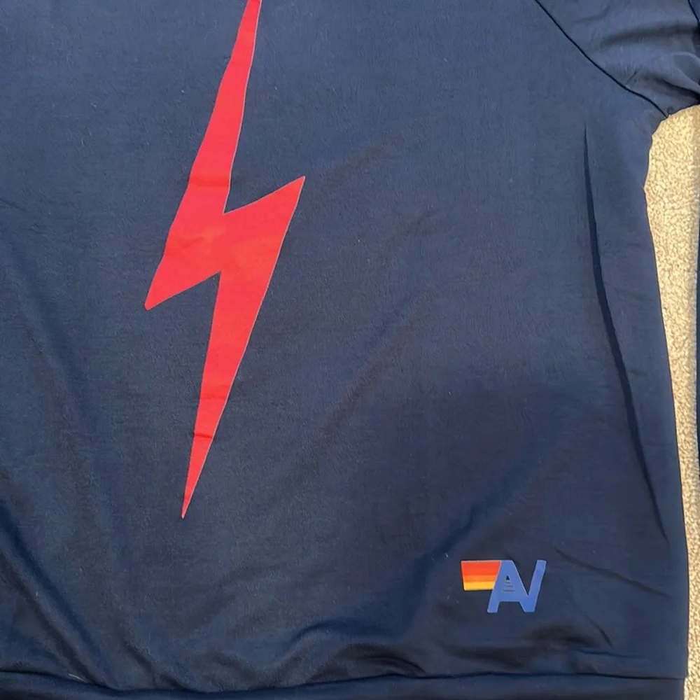 Aviator Nation INSPIRED sweatshirt- navy w red lightning bolt striped sleeves - Picture 3 of 4